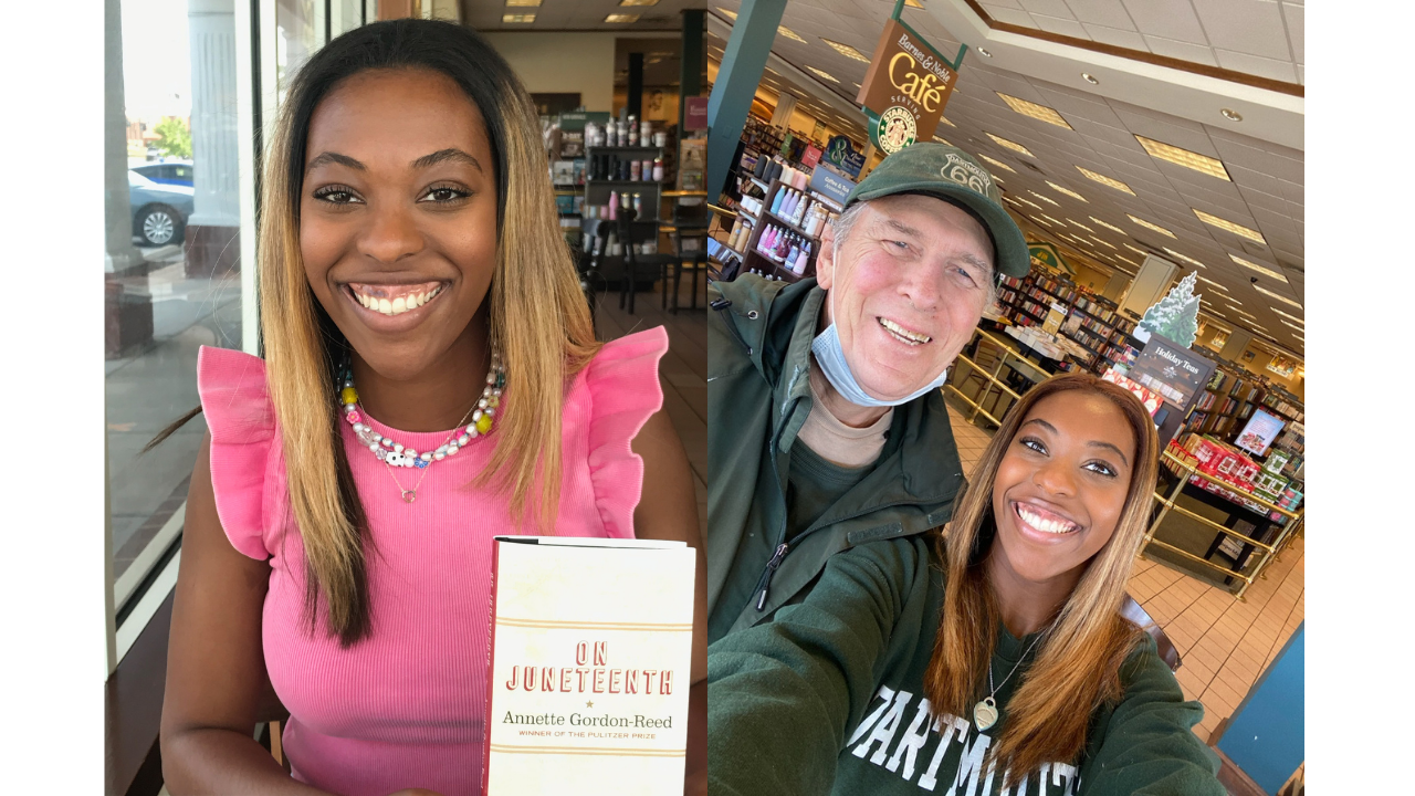 A young woman with a pink top holding a book and smiling next to an image of the same woman in a Dartmouth sweatshirt along with the male alumnus who interviewed her for admissions. 