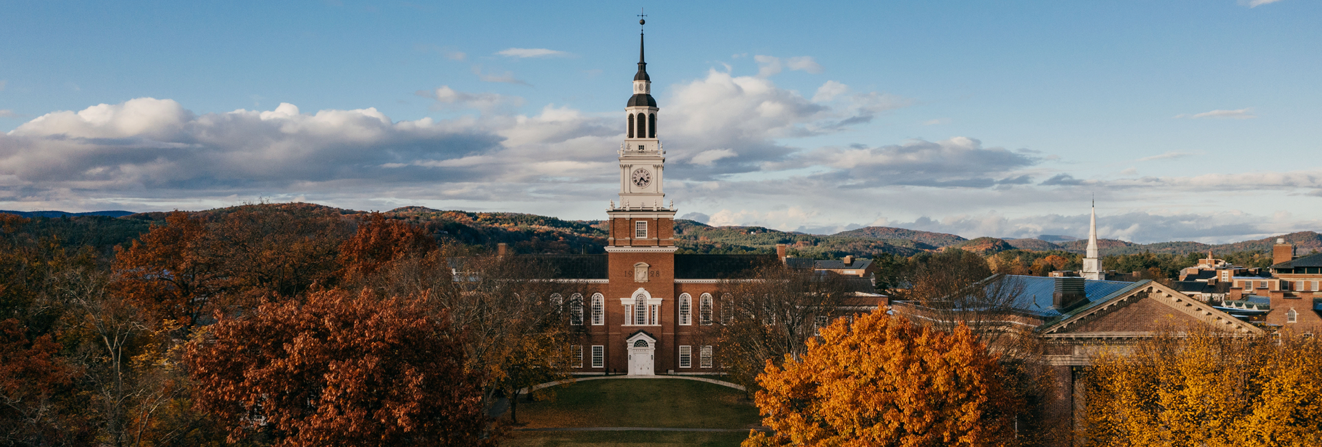 Aerial shot of Baker Library and the Green in fall