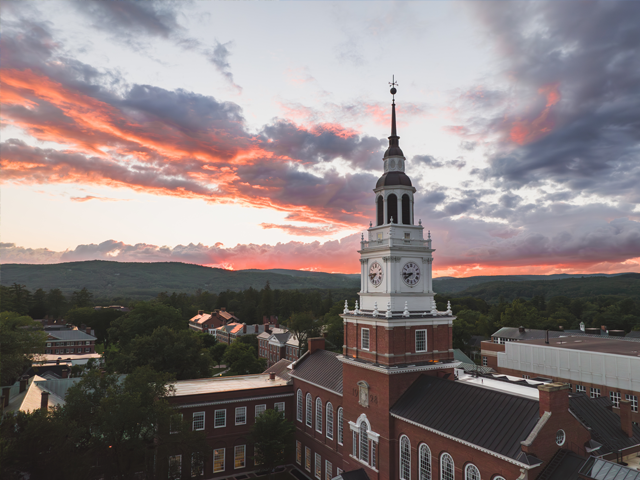 Aerial shot of Baker Tower at sunset