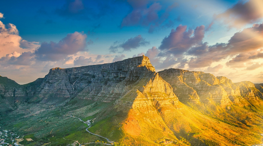 An aerial photo of Table Mountain in Cape Town, South Africa.