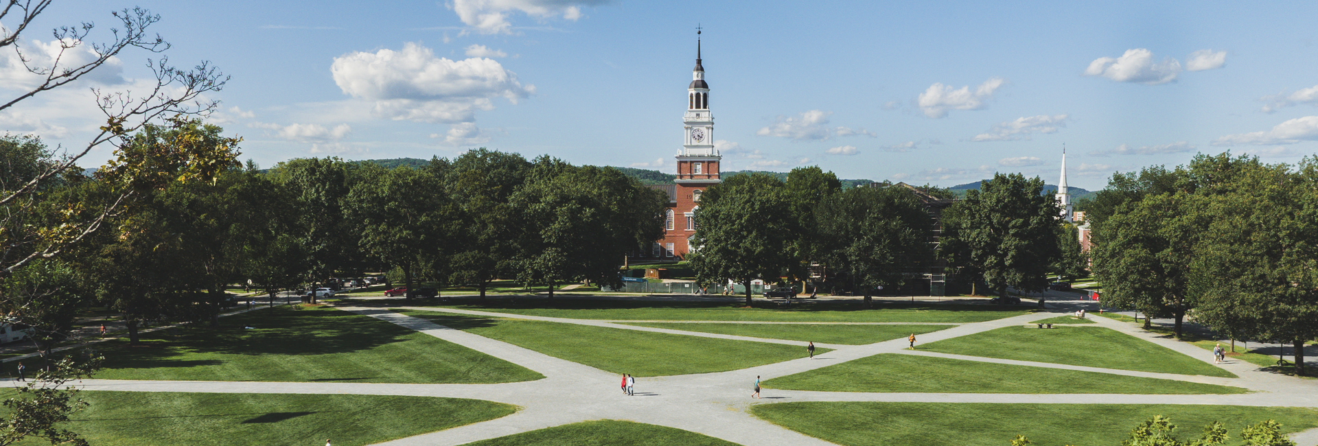 Aerial shot of the Green with Baker Tower centered