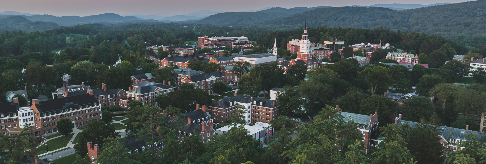 Aerial view of Dartmouth campus in summer from Tuck Drive