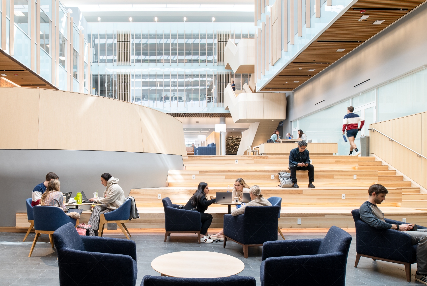 The atrium in the Arthur L. Irving Institute for Energy and Society offers a popular place for students, faculty, and staff to meet.