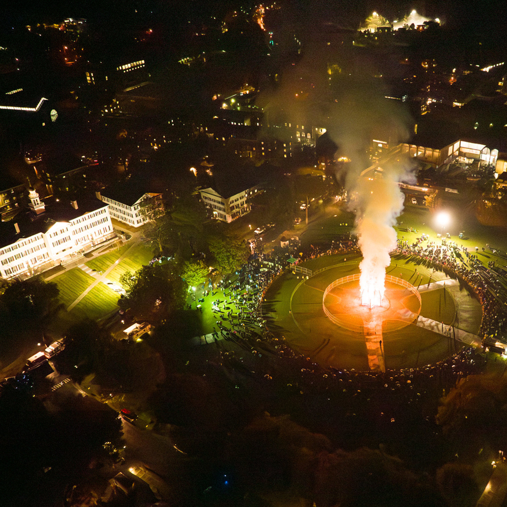 Drone image of of the bonfire at homecoming